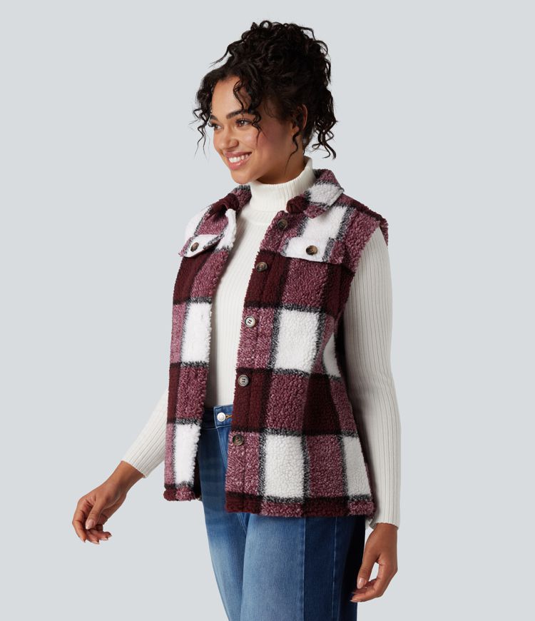 Curved Hem Casual Plaid Sherpa Vest