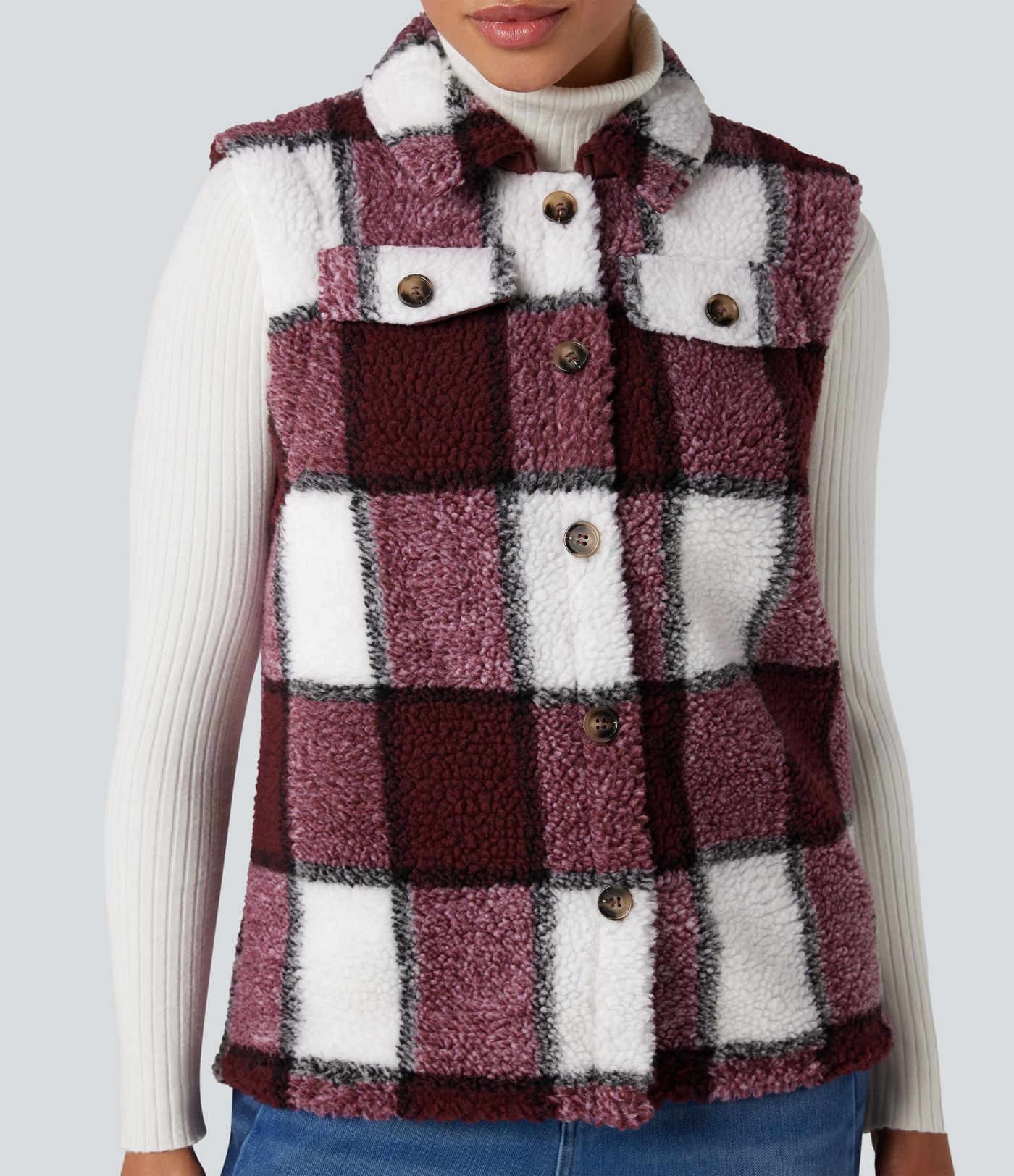 Gilet sherpa à carreaux ourlet arrondi