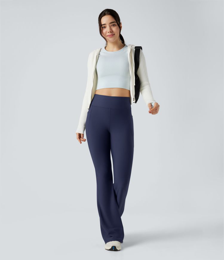 High Waisted Scrunch Fleece Yoga Flare Pants with Pockets