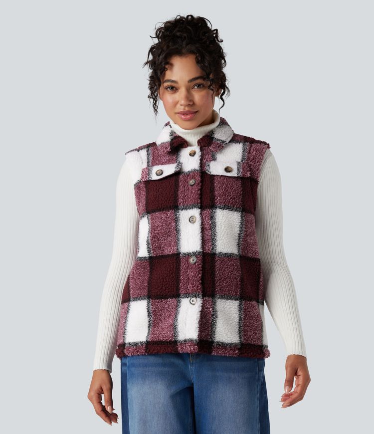 Curved Hem Casual Plaid Sherpa Vest
