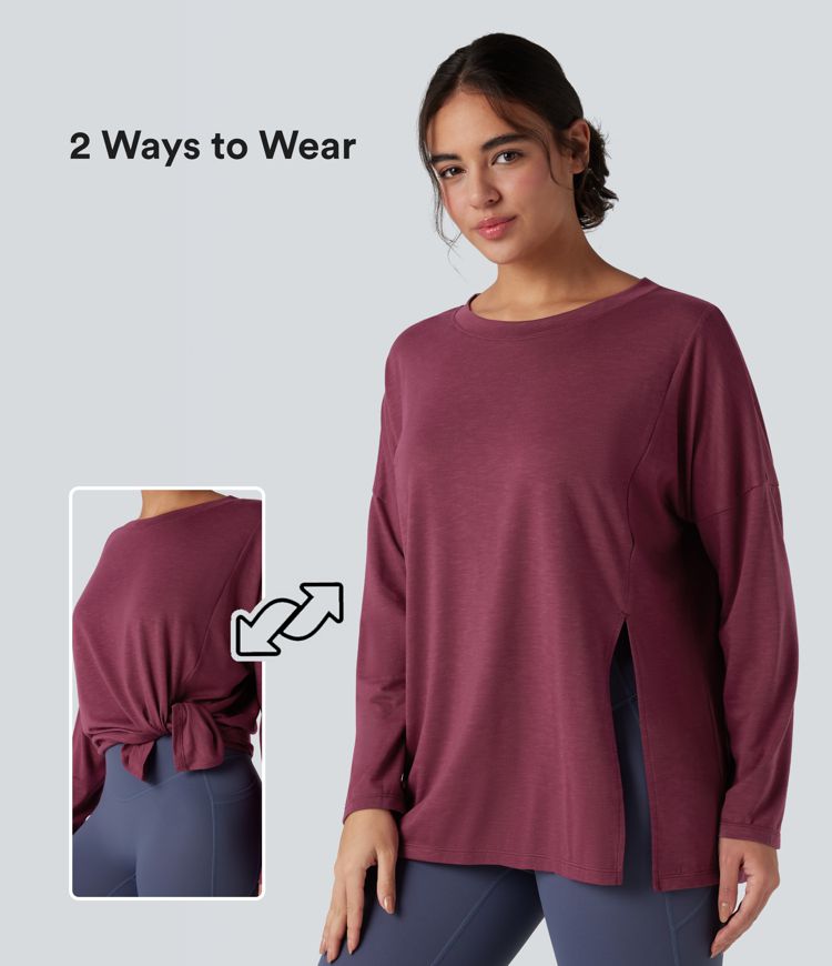 Round Neck Long Sleeve Split Hem Workout Sports Top