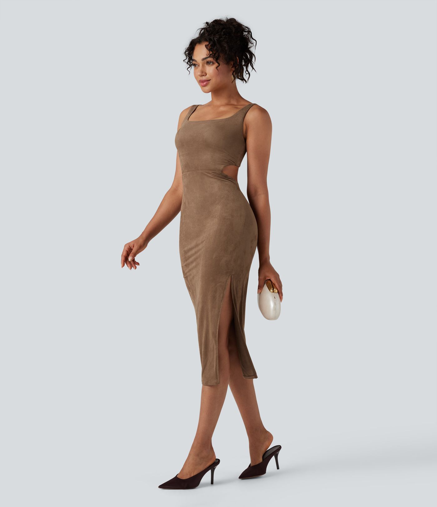 Square Neck Sleeveless Cut Out Split Suede Bodycon Midi Party Dress