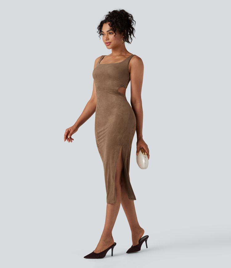 Square Neck Sleeveless Cut Out Split Suede Bodycon Midi Party Dress
