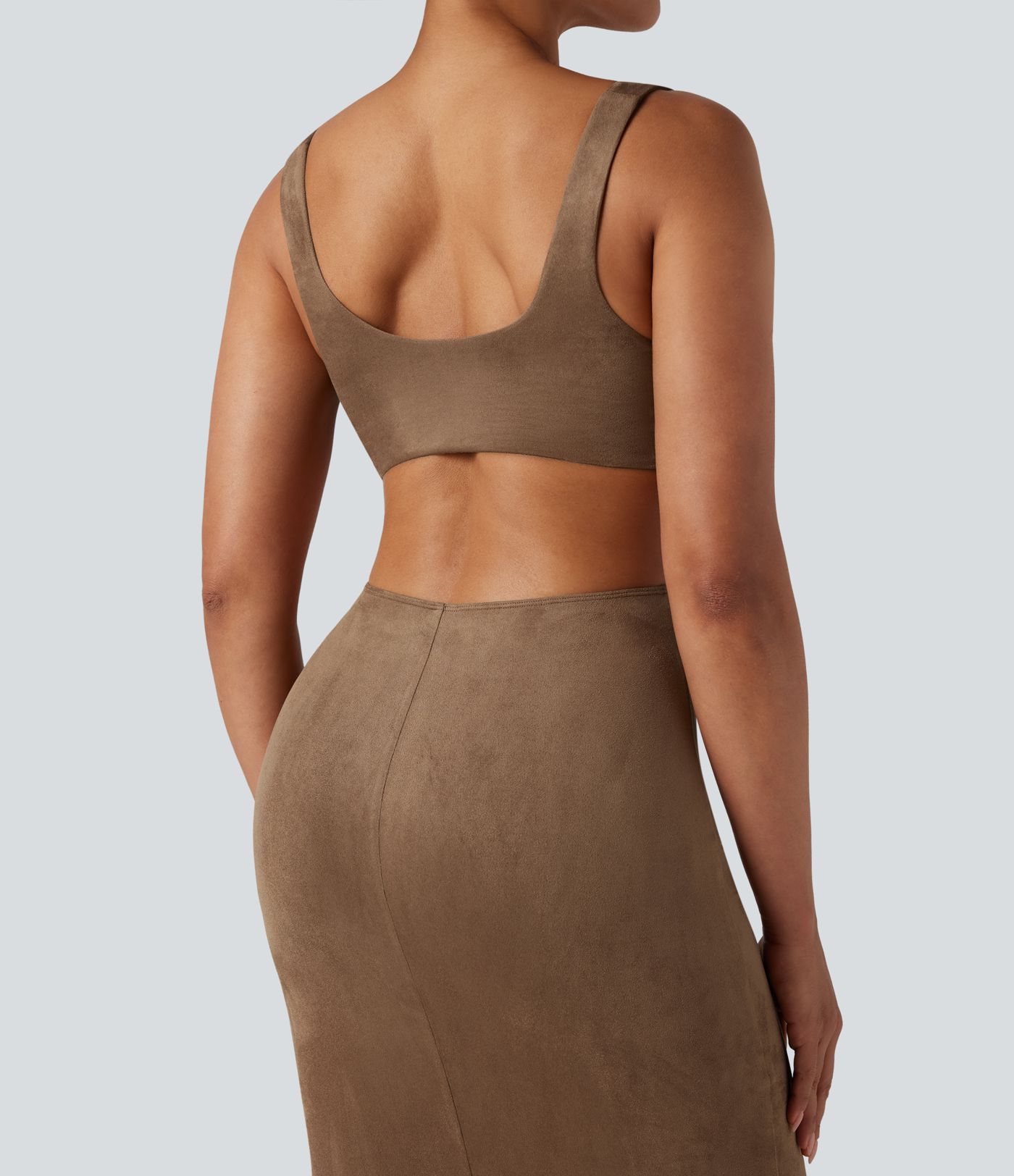 Square Neck Sleeveless Cut Out Split Suede Bodycon Midi Party Dress