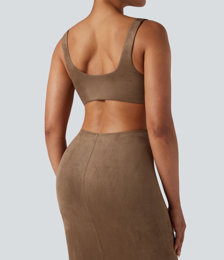Square Neck Sleeveless Cut Out Split Suede Bodycon Midi Party Dress
