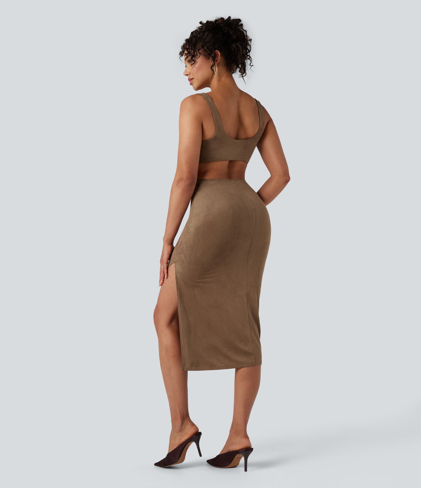 Square Neck Sleeveless Cut Out Split Suede Bodycon Midi Party Dress