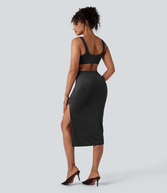 Square Neck Sleeveless Cut Out Split Suede Bodycon Midi Party Dress