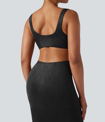 Square Neck Sleeveless Cut Out Split Suede Bodycon Midi Party Dress