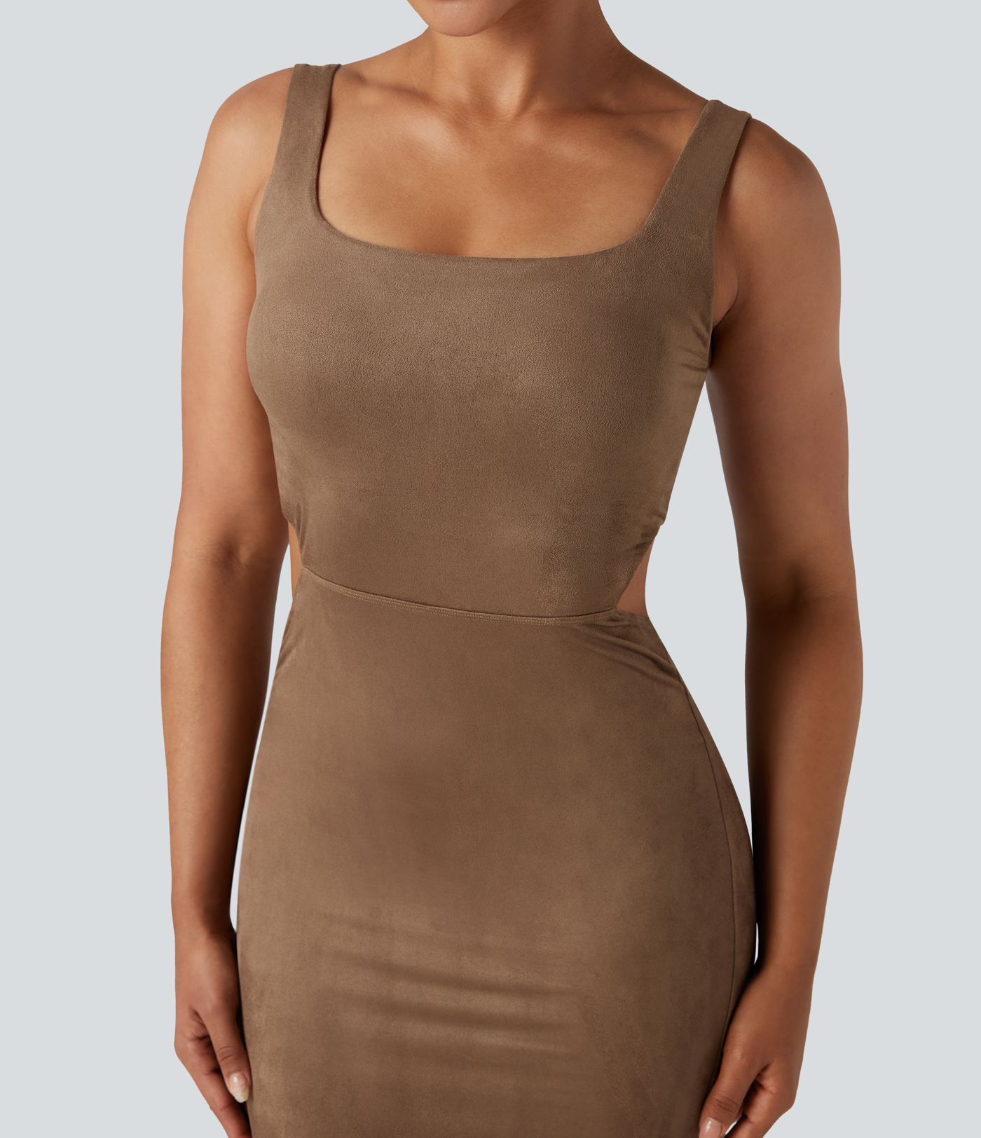 Square Neck Sleeveless Cut Out Split Suede Bodycon Midi Party Dress
