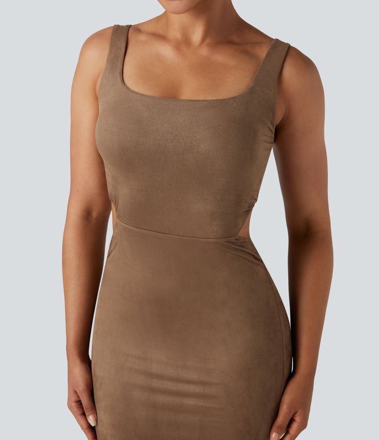 Square Neck Sleeveless Cut Out Split Suede Bodycon Midi Party Dress