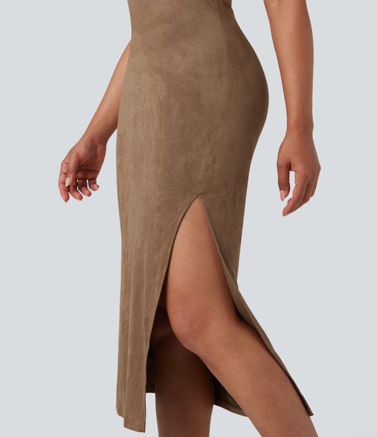 Square Neck Sleeveless Cut Out Split Suede Bodycon Midi Party Dress