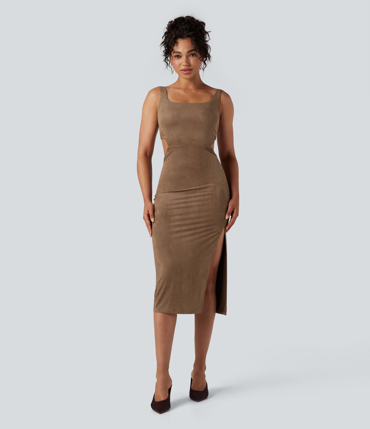 Square Neck Sleeveless Cut Out Split Suede Bodycon Midi Party Dress
