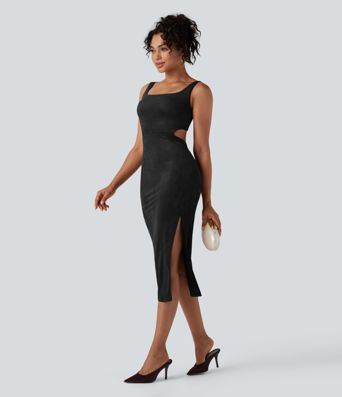 Square Neck Sleeveless Cut Out Split Suede Bodycon Midi Party Dress