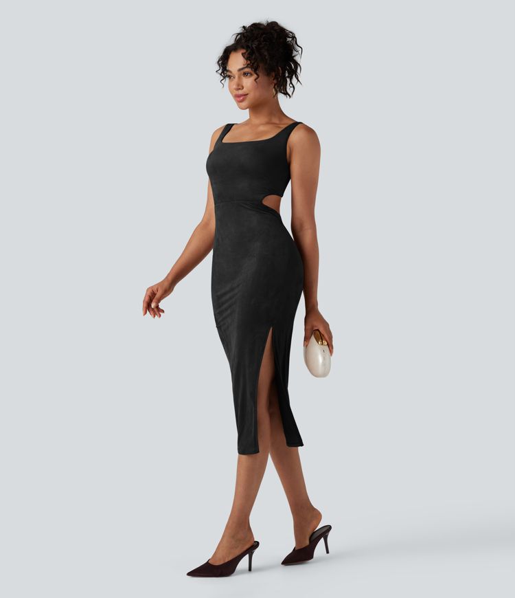 Square Neck Sleeveless Cut Out Split Suede Bodycon Midi Party Dress