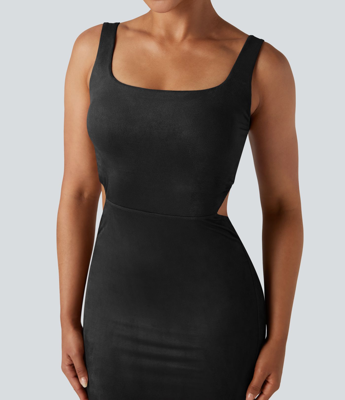 Square Neck Sleeveless Cut Out Split Suede Bodycon Midi Party Dress
