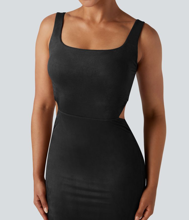 Square Neck Sleeveless Cut Out Split Suede Bodycon Midi Party Dress