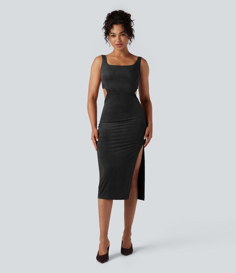 Square Neck Sleeveless Cut Out Split Suede Bodycon Midi Party Dress