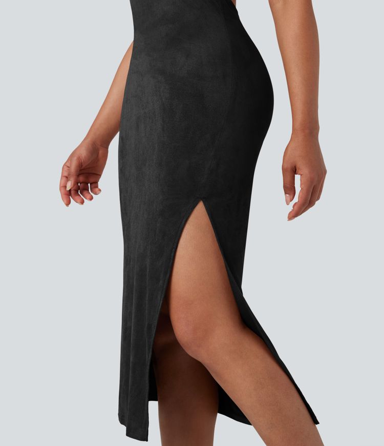 Square Neck Sleeveless Cut Out Split Suede Bodycon Midi Party Dress