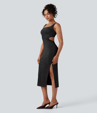 Square Neck Sleeveless Cut Out Split Suede Bodycon Midi Party Dress