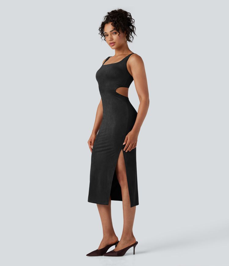 Square Neck Sleeveless Cut Out Split Suede Bodycon Midi Party Dress