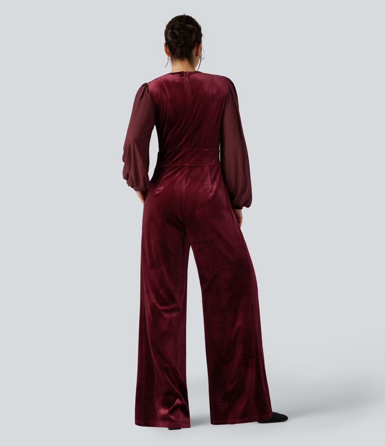 V-neck Puff Long Sleeve Contrast Mesh Velvet Party Jumpsuit with Pockets