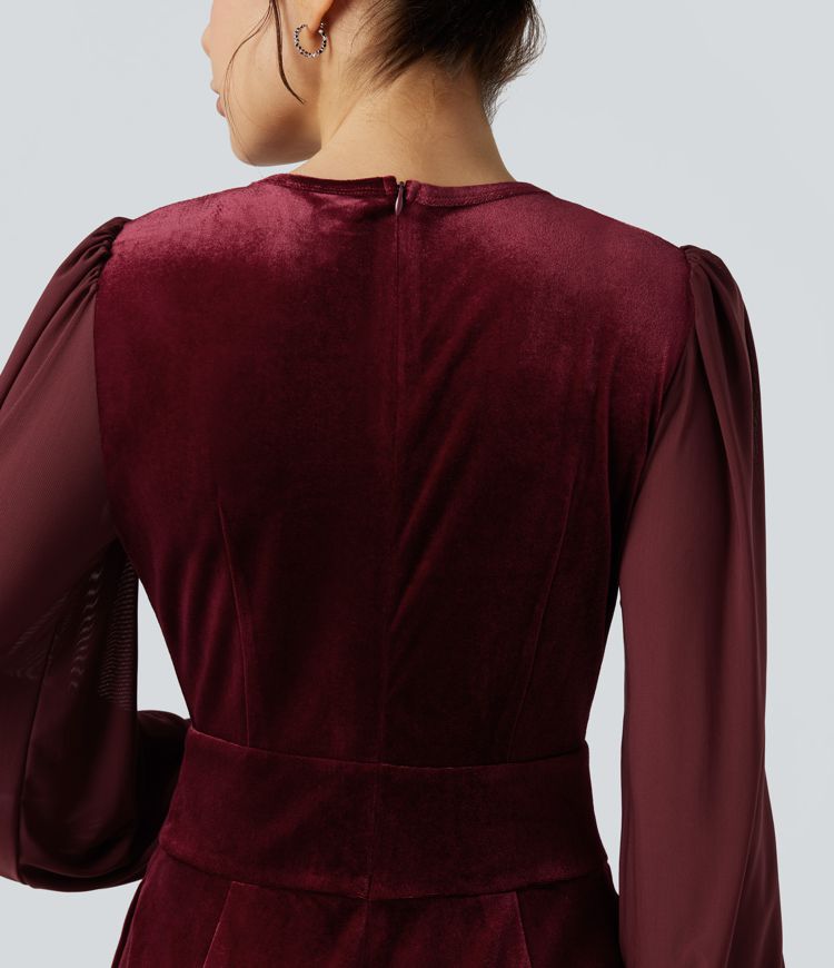 V-neck Puff Long Sleeve Contrast Mesh Velvet Party Jumpsuit with Pockets