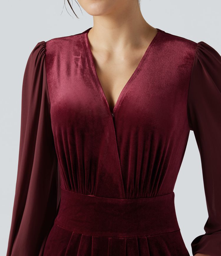 V-neck Puff Long Sleeve Contrast Mesh Velvet Party Jumpsuit with Pockets