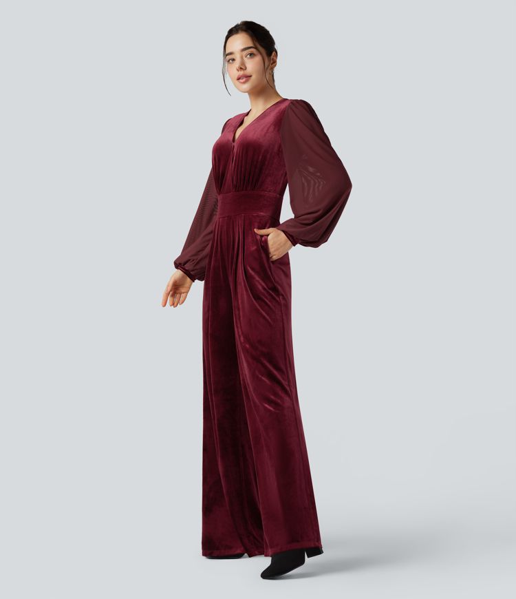 V-neck Puff Long Sleeve Contrast Mesh Velvet Party Jumpsuit with Pockets