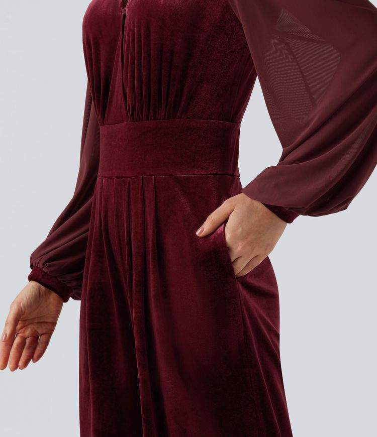 V-neck Puff Long Sleeve Contrast Mesh Velvet Party Jumpsuit with Pockets