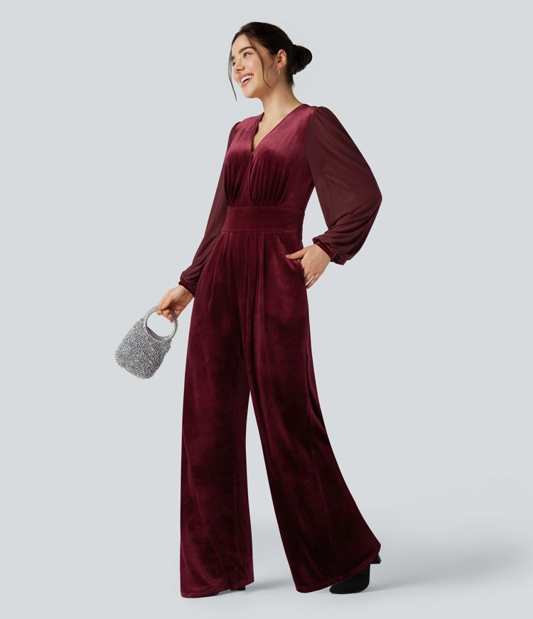 V-neck Puff Long Sleeve Contrast Mesh Velvet Party Jumpsuit with Pockets