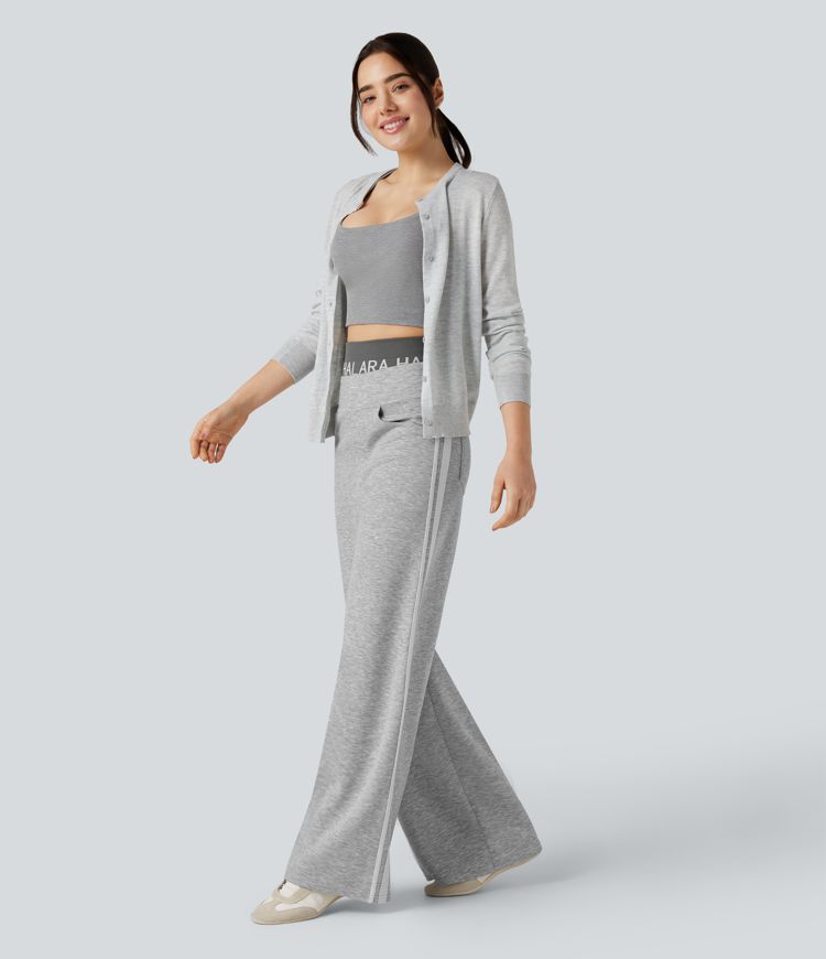 High Waisted Stripe Wide Leg Casual Trousers with Pockets