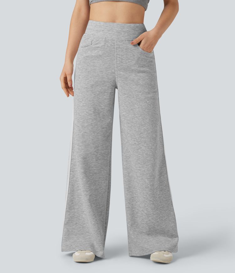 High Waisted Stripe Wide Leg Casual Trousers with Pockets