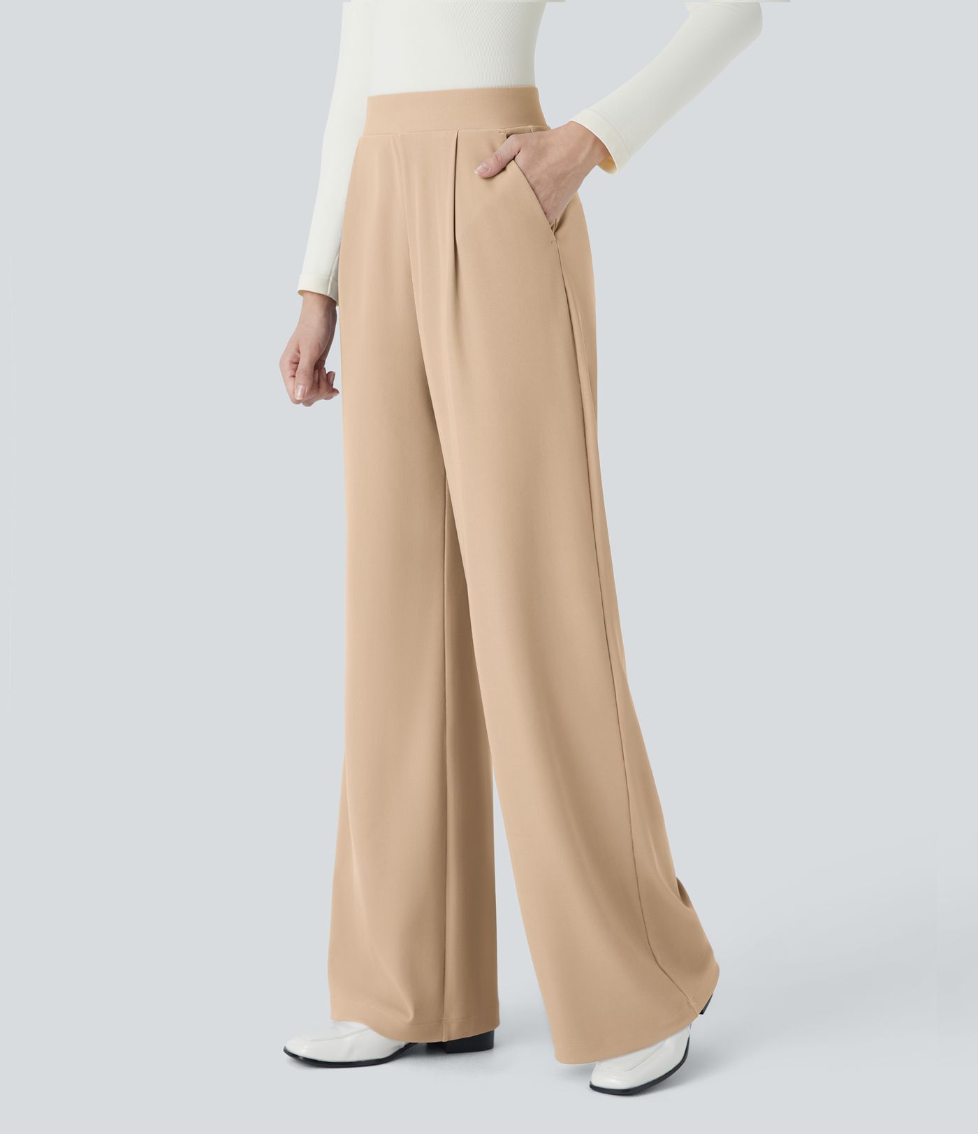 Pantalón Halara Flex™ oficina tiro alto control abdomen adelgazan tiro bolsillo lateral pierna ancha micro gofre