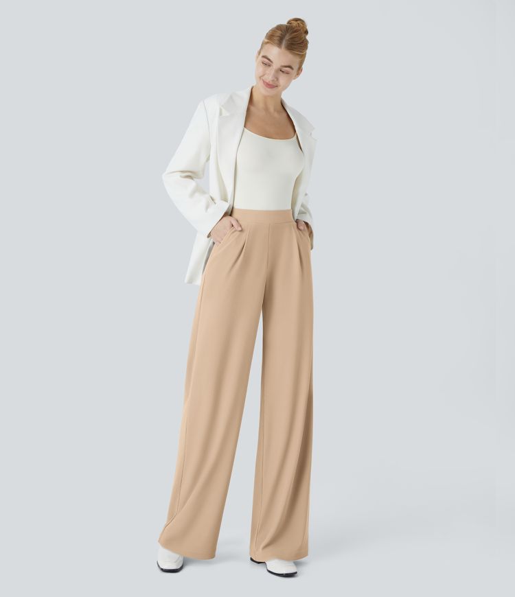 Halara Flex™ Pantalon Tailleur Évasé à Taille Haute Sculptant la Silhouette avec Poches Latérales Micro Waffle