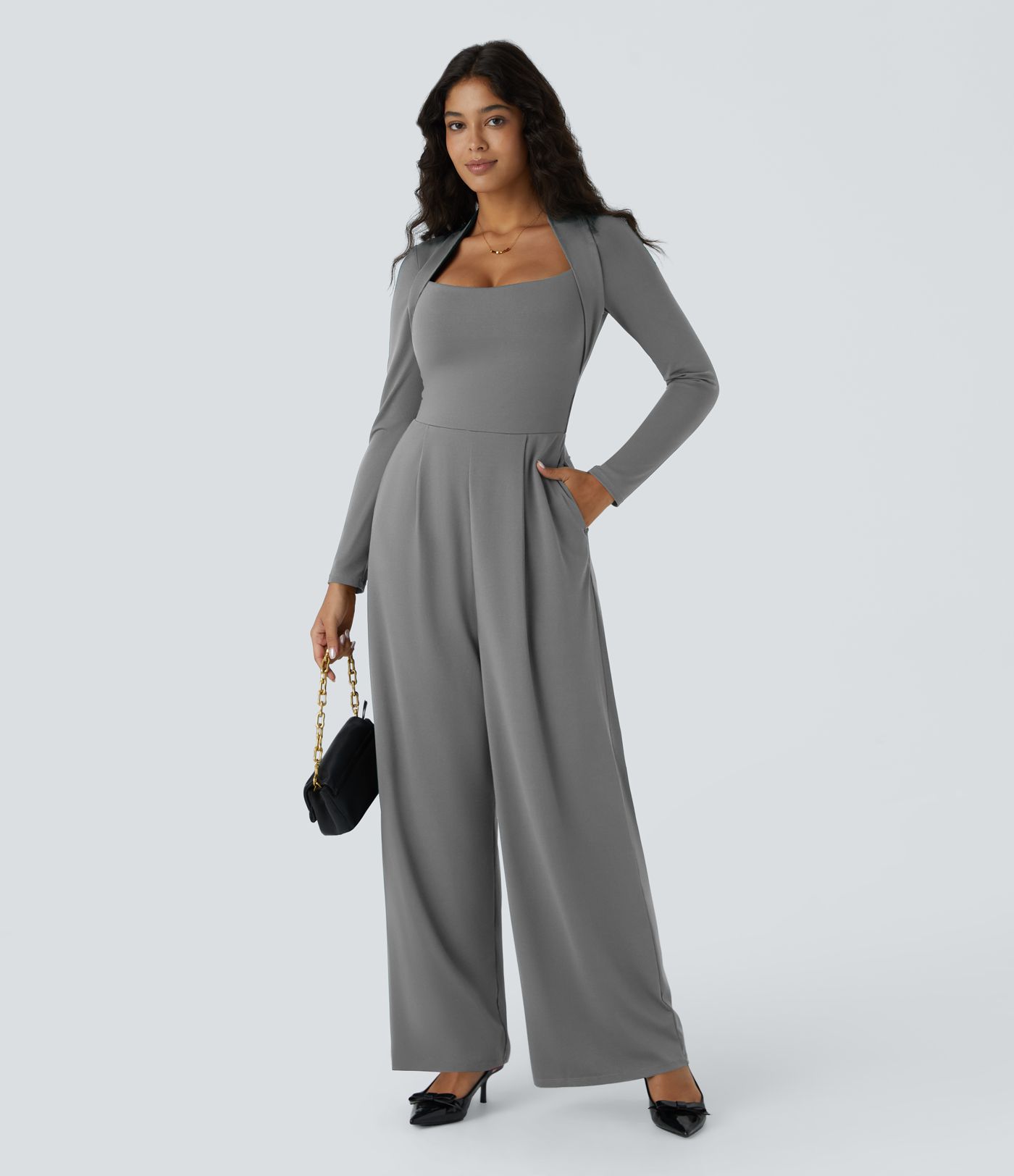 Long Sleeve Pocket Wide Leg Jumpsuit-Easy Peezy