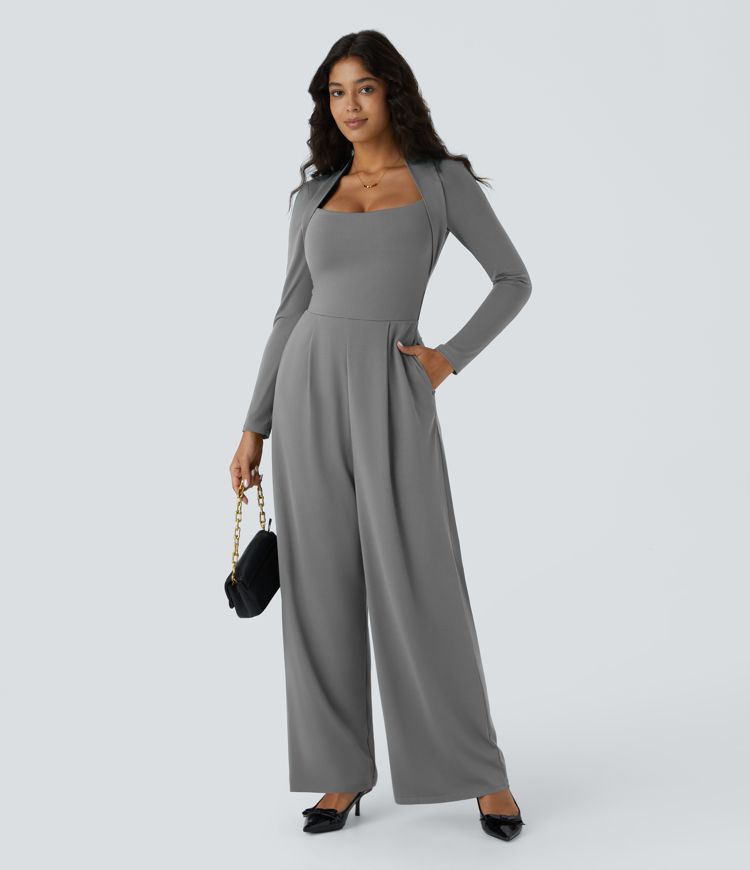 Long Sleeve Pocket Wide Leg Jumpsuit-Easy Peezy
