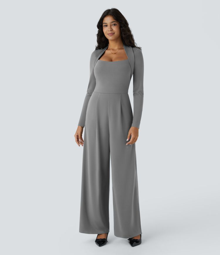 Long Sleeve Pocket Wide Leg Jumpsuit-Easy Peezy
