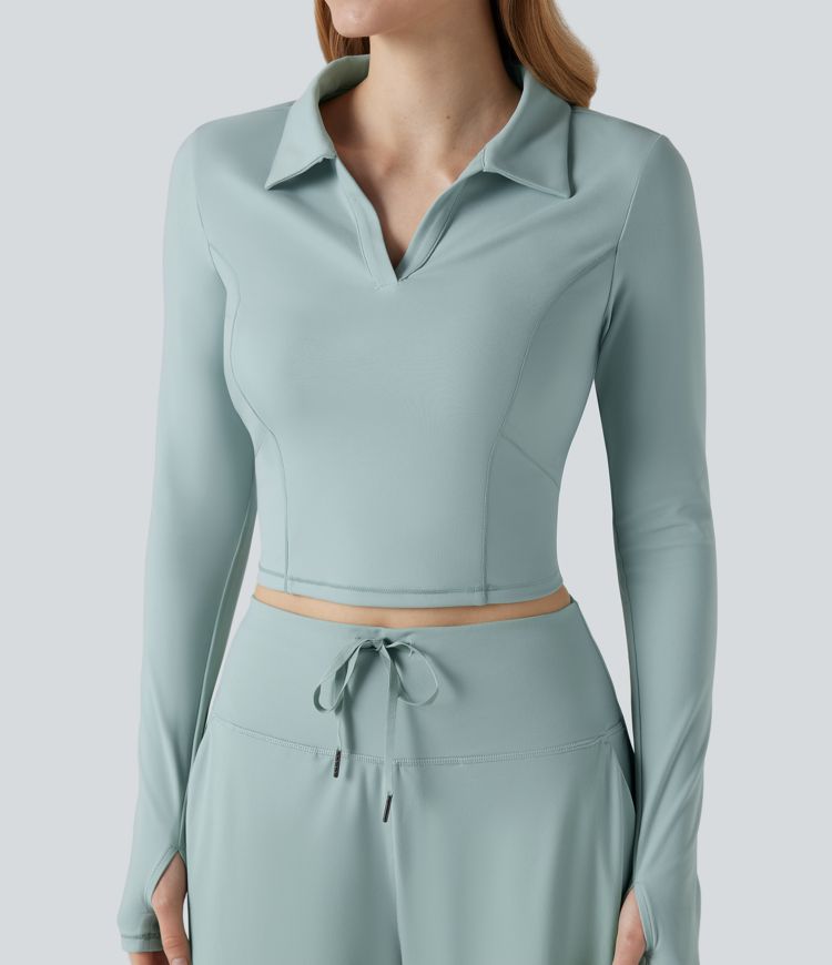 SoftlyZero™ polo in morbido tessuto plush, maniche lunghe, foro per il pollice, top corto sportivo da tennis