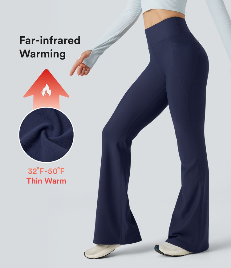 Pantalon yoga évasé froncé polaire taille haute avec poches