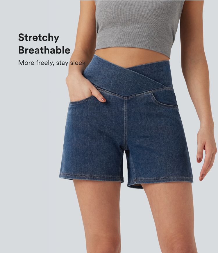 Halara Flex™ Crossover High Waisted Pockets Wide Leg A Line Washed Denim Casual Shorts