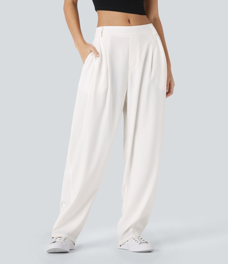 Pantalon Tailleur Plissé Taille Mi-Haute Poches Latérales