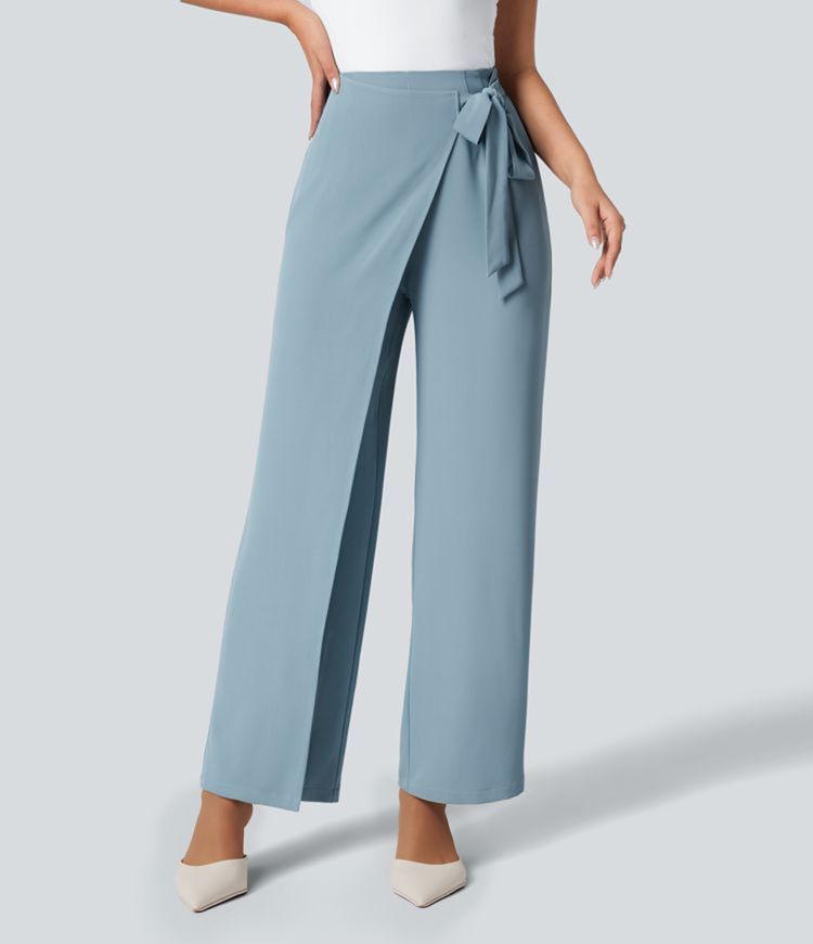 High Waisted Tie Side Invisible Zipper Wide Leg Work Trousers