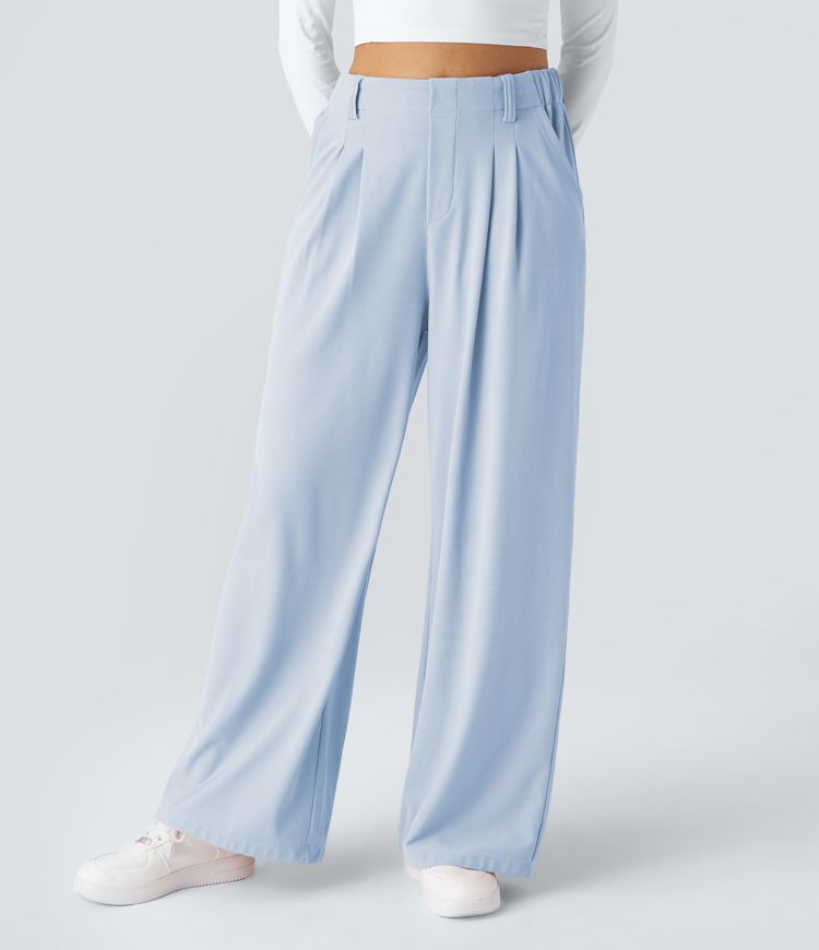 Halara Flex™ Pantalon Tailleur Large Fluide Gaufré Taille Haute Poches Latérales