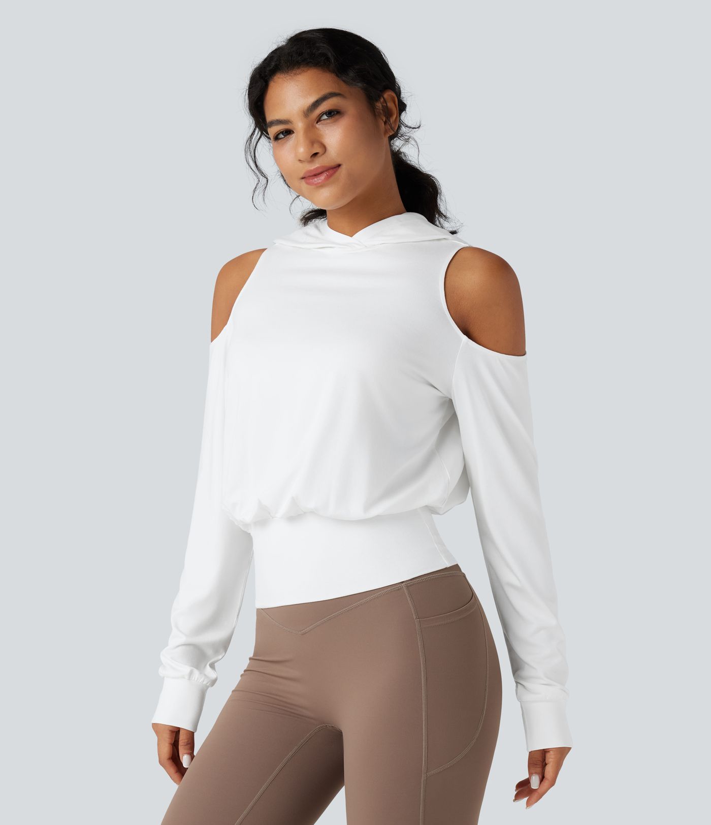 Hooded Cold Shoulder Long Sleeve Workout Sports Sweatshirt