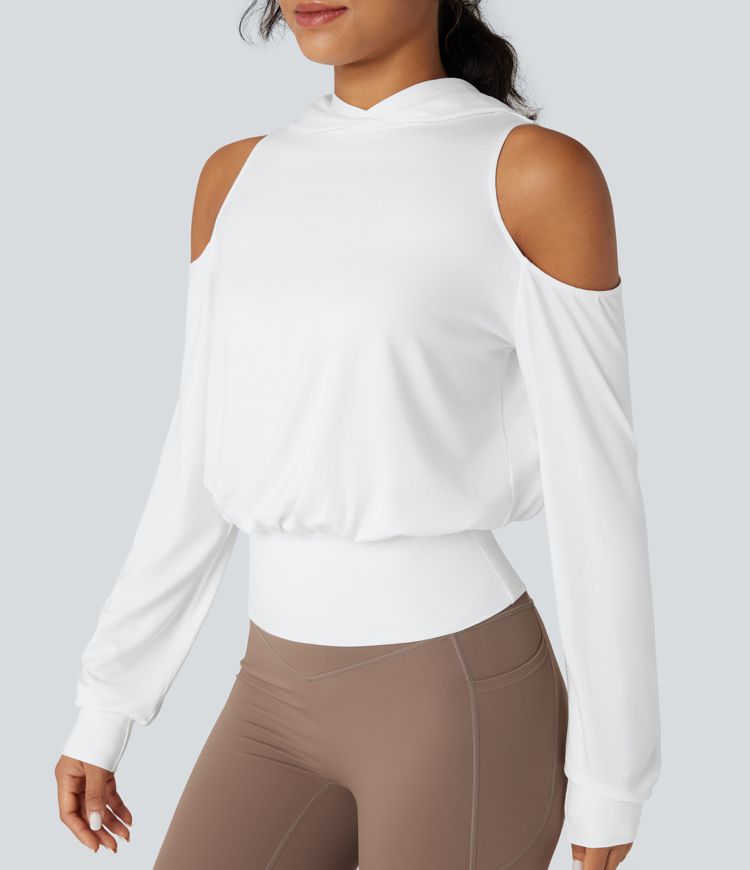 Hooded Cold Shoulder Long Sleeve Workout Sports Sweatshirt