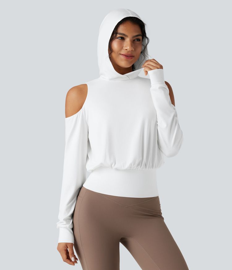 Hooded Cold Shoulder Long Sleeve Workout Sports Sweatshirt
