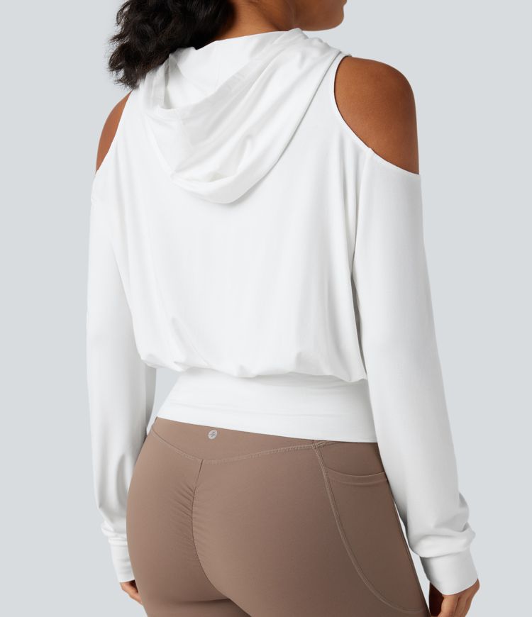 Hooded Cold Shoulder Long Sleeve Workout Sports Sweatshirt