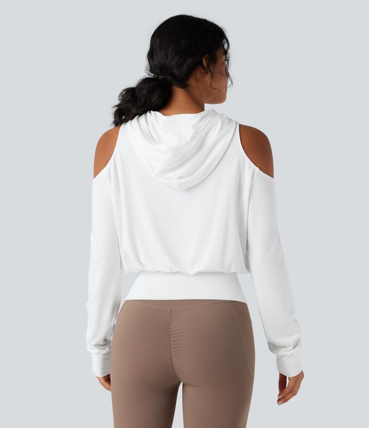 Hooded Cold Shoulder Long Sleeve Workout Sports Sweatshirt