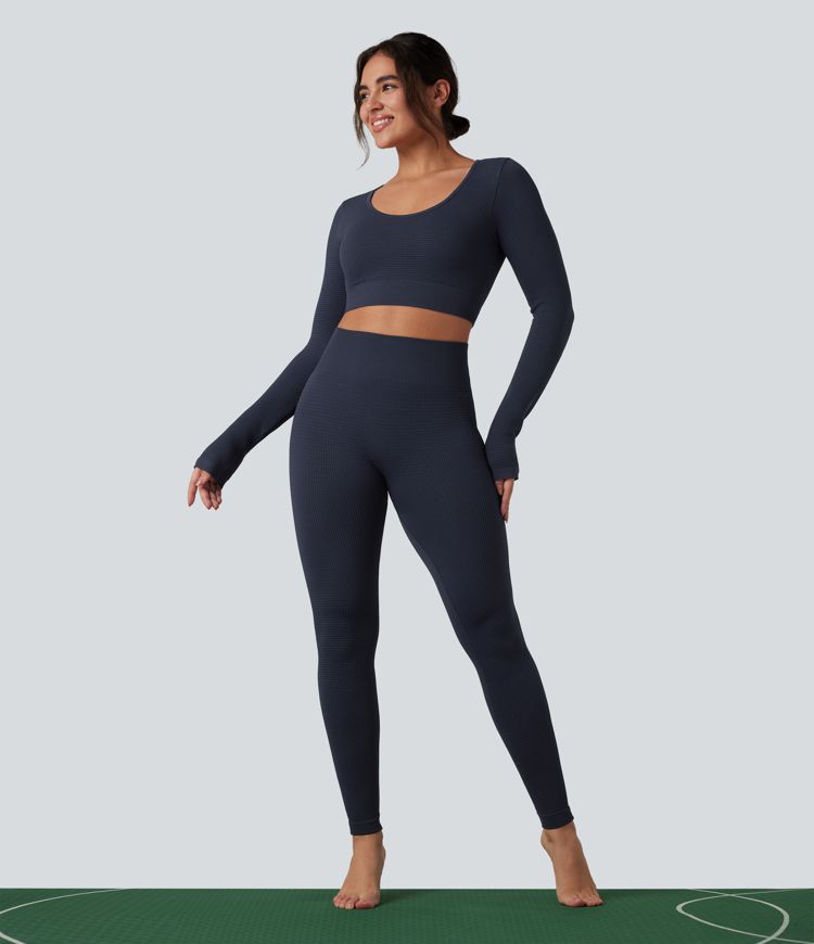 OneForm Seamless Flow Long Sleeve Cropped Waffle Yoga Sports Top