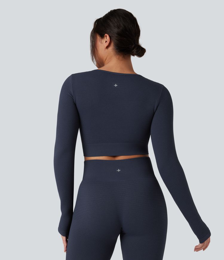 OneForm Seamless Flow Long Sleeve Cropped Waffle Yoga Sports Top